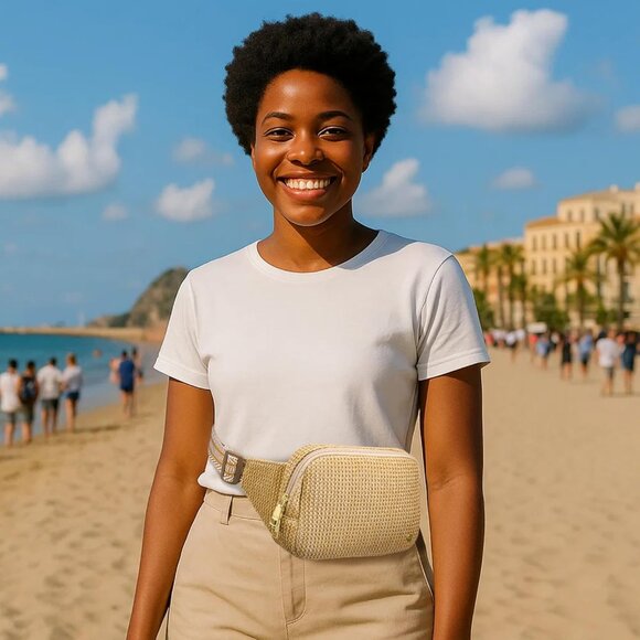 Khaki RFID Blocking Straw Summer Fanny Pack with Adjustable Strap for Women - Picture 2 of 8